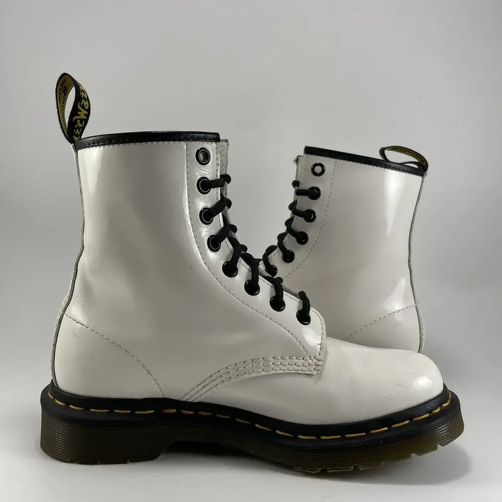 Dr Martens Doc 1460 W Combat Boots Womens Size 6 White Patent Leather Lace Up